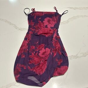 pink and purple floral dress, spaghetti straps
